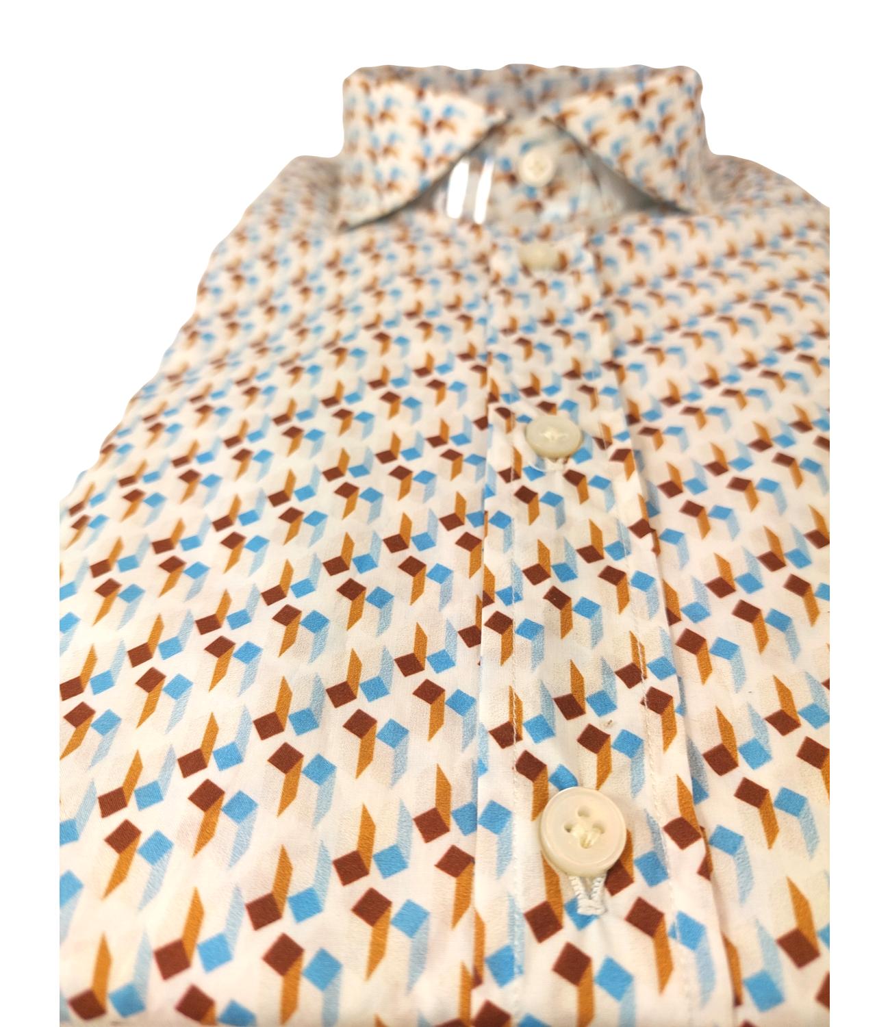 Camicia in cotone linato BASTONCINO con fantasia bianca marrone e celeste con bottone in madreperla