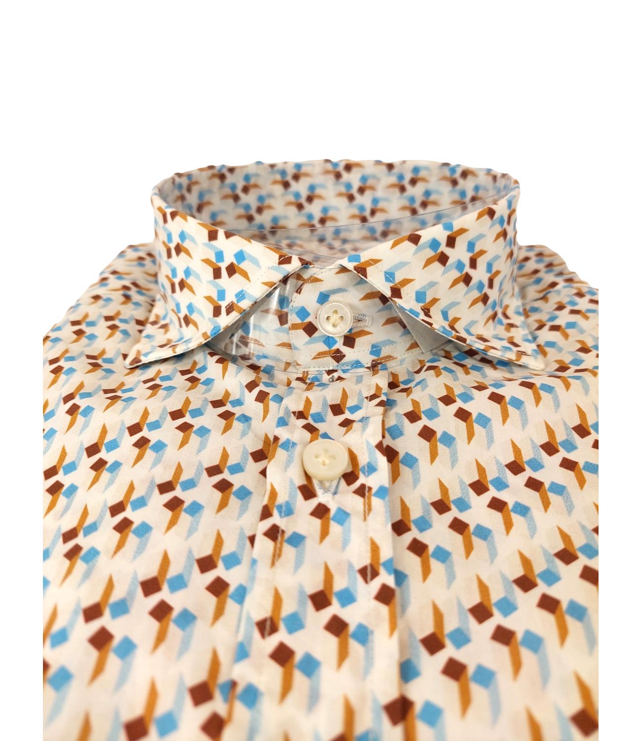 Camicia in cotone linato BASTONCINO con fantasia bianca marrone e celeste con bottone in madreperla